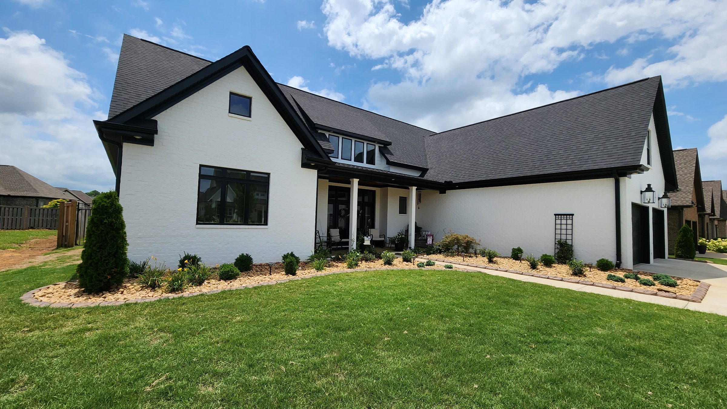Modern white house with a lush lawn.