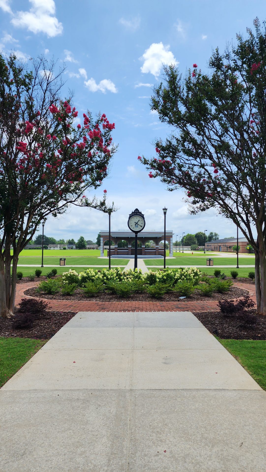 Outdoor clock in a landscaped park