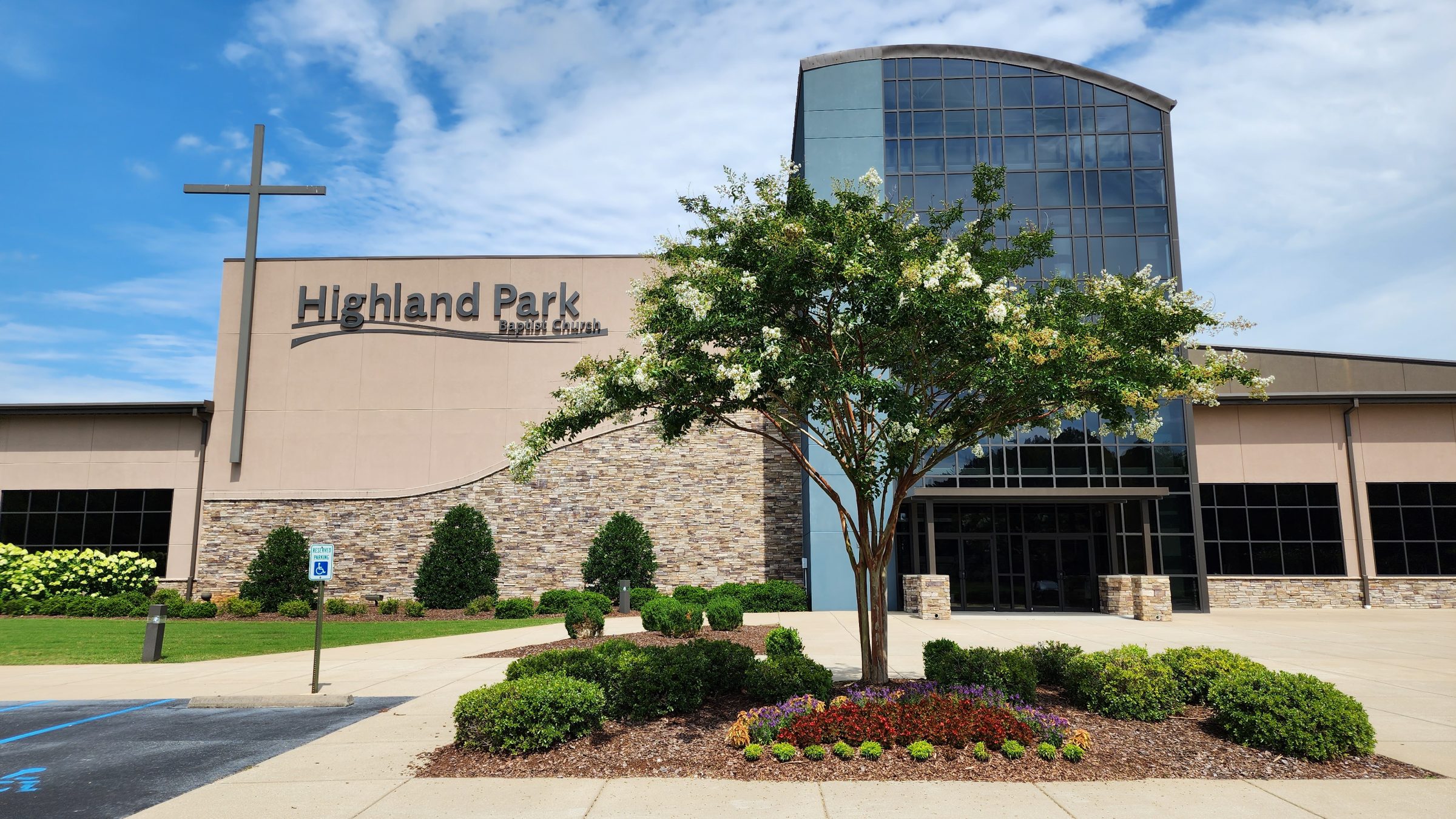 Highland Park Baptist Church exterior with landscaping