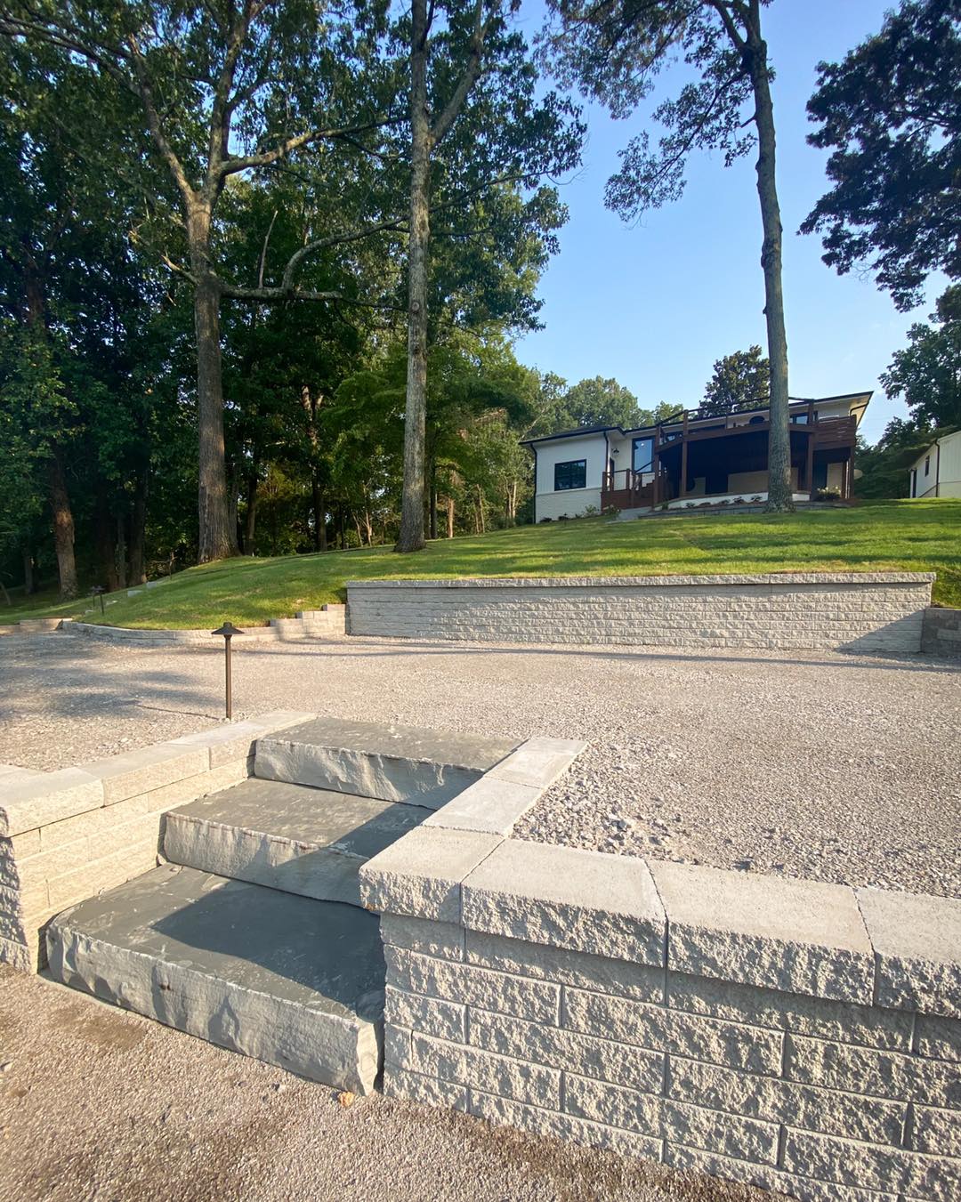 Modern house with stone steps and trees