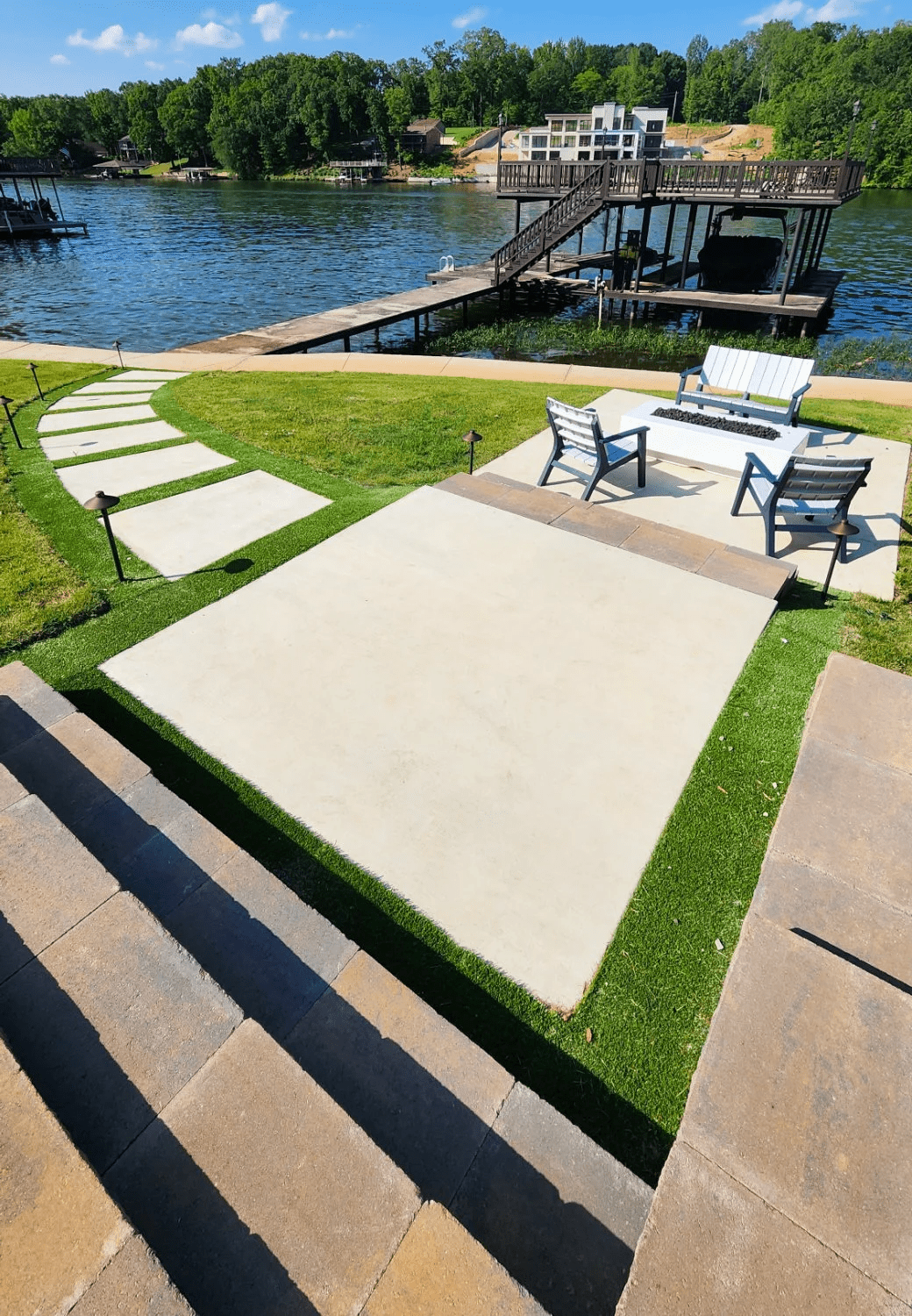Lakeside patio with modern furniture