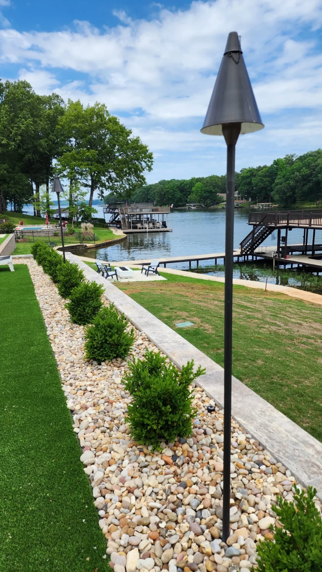 Scenic lakeside view with docks and greenery
