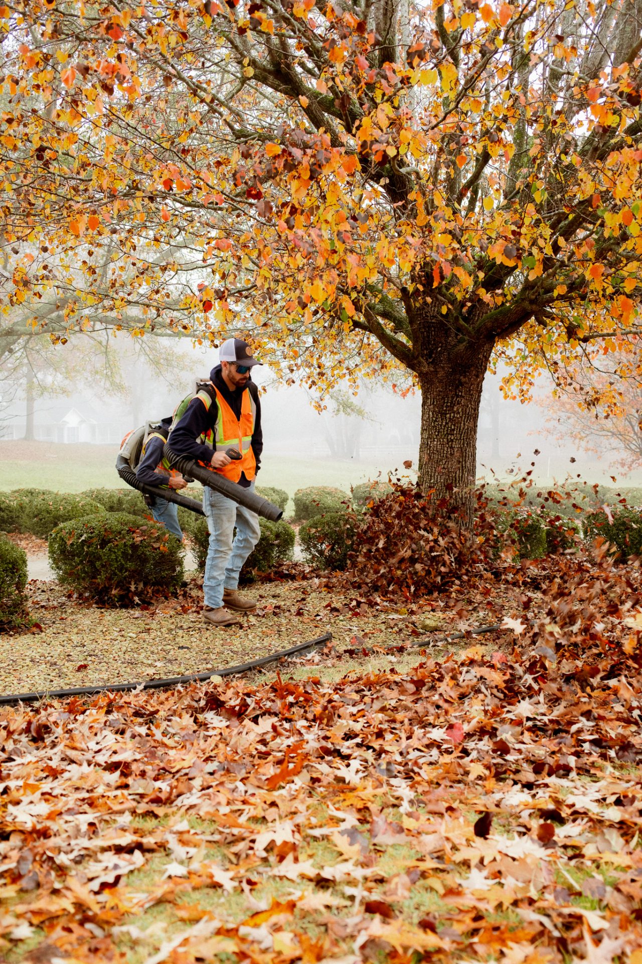 Man using a leaf blower in autumn.