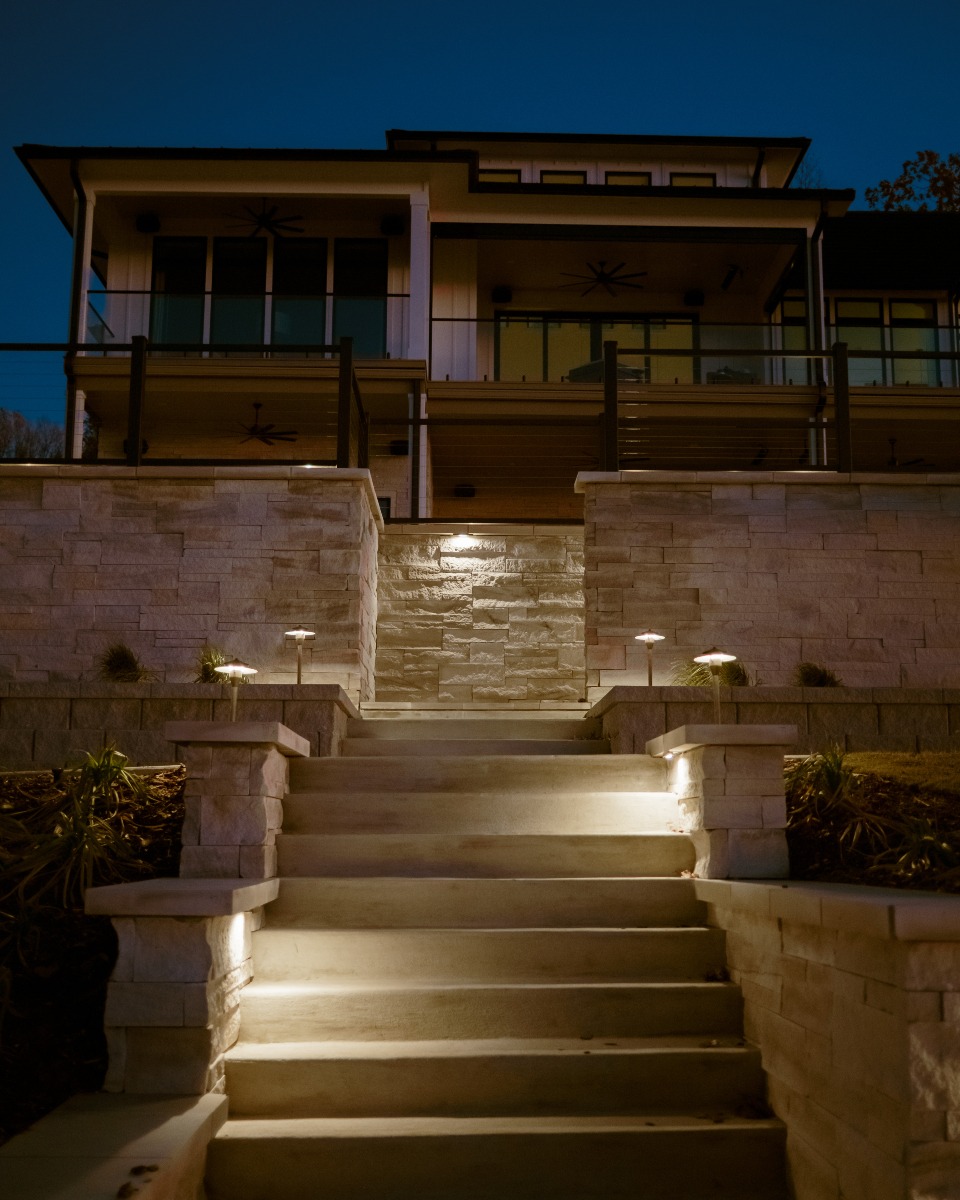 Modern house with illuminated stone steps