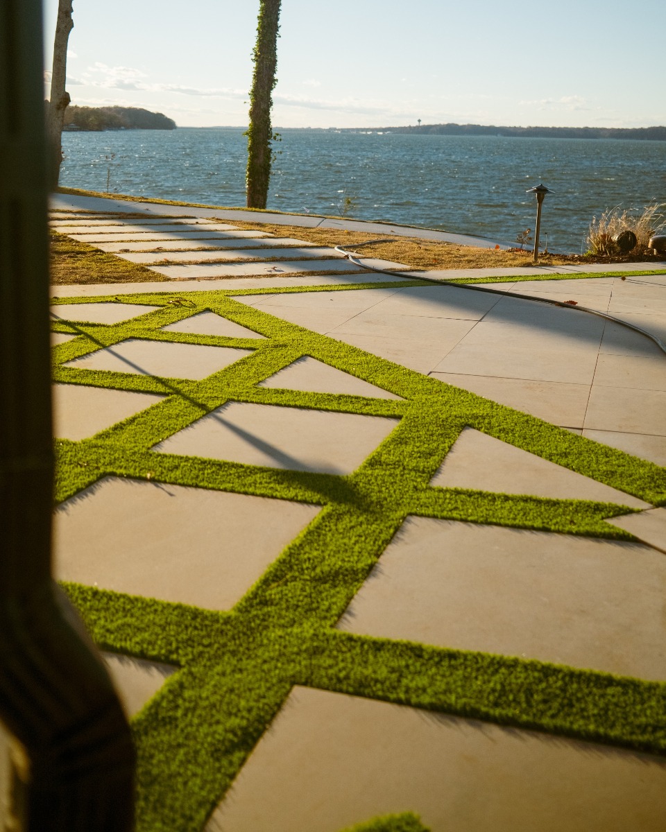 Geometric patio with lake view