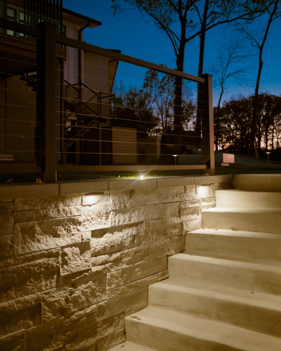 Outdoor staircase with evening illumination
