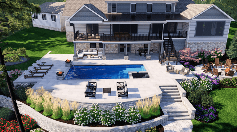 Luxurious backyard pool and patio area.