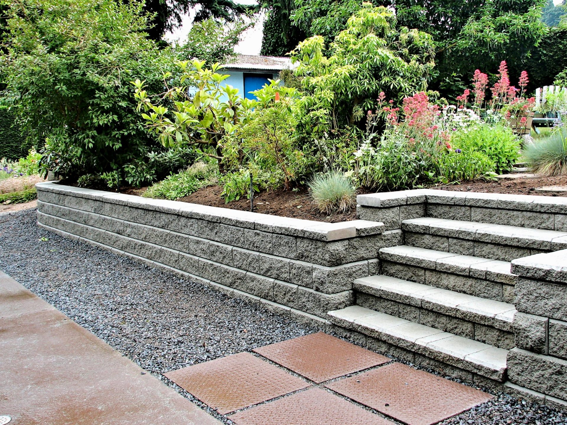 Garden with stone steps and lush plants